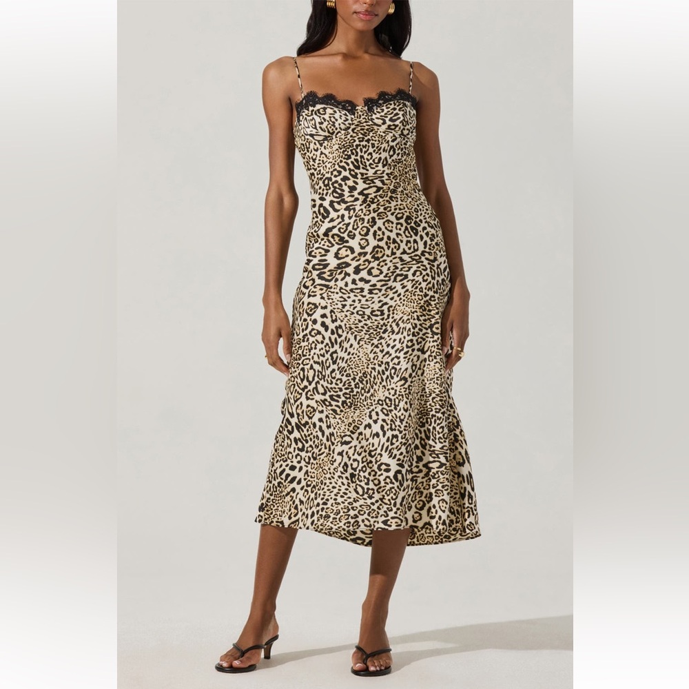 ASTR The Label Leopard Satin Midi Slip Dress